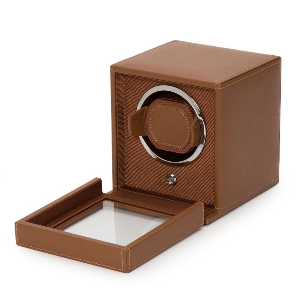 Wolf Cub Single Watch Winder With Cover Cognac