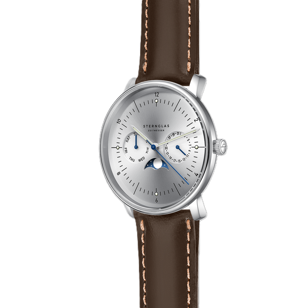 Sternglas Naos Moonphase Moon Silver S01-NM52-BR03 - 38mm