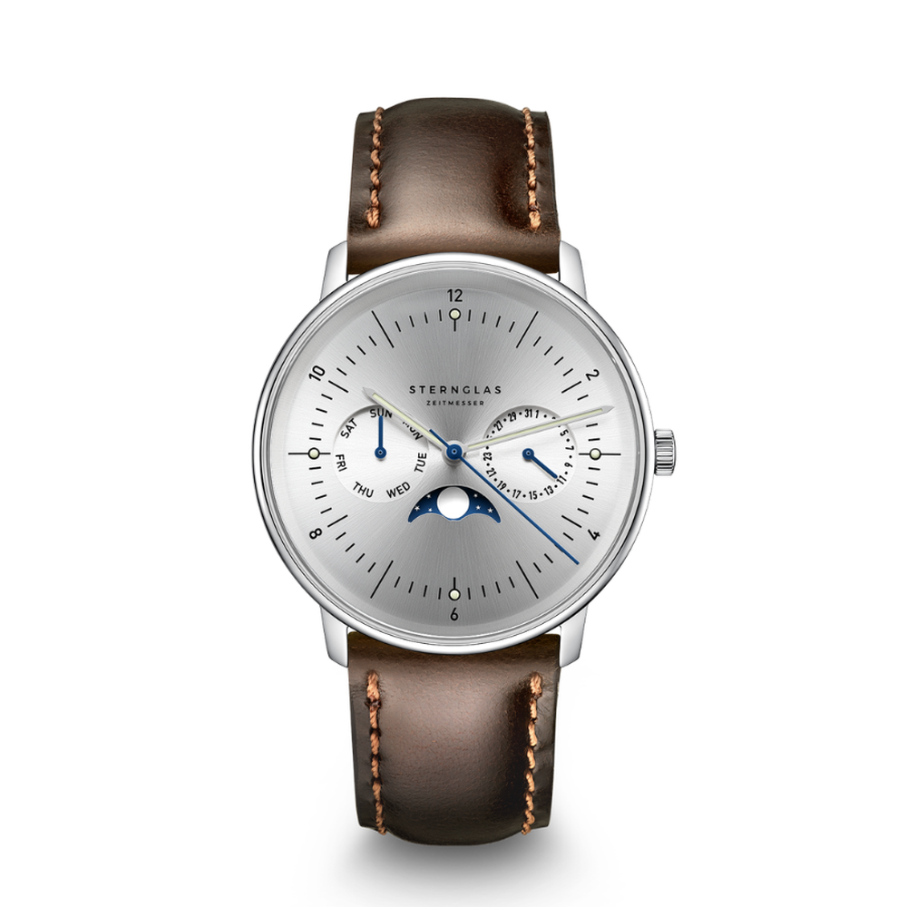 Sternglas Naos Moonphase Moon Silver S01-NM52-BR03 - 38mm