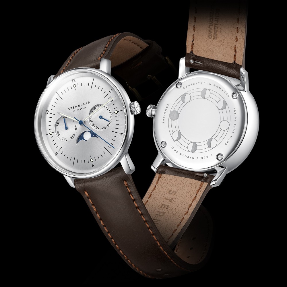 Sternglas Naos Moonphase Moon Silver S01-NM52-BR03 - 38mm